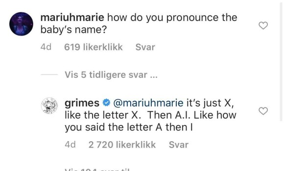 MED SVAR: Grimes svarer på en annen måte enn barnefaren. Skjermdump: Instagram MED SVAR: Grimes svarer på en annen måte enn barnefaren. Skjermdump: Instagram